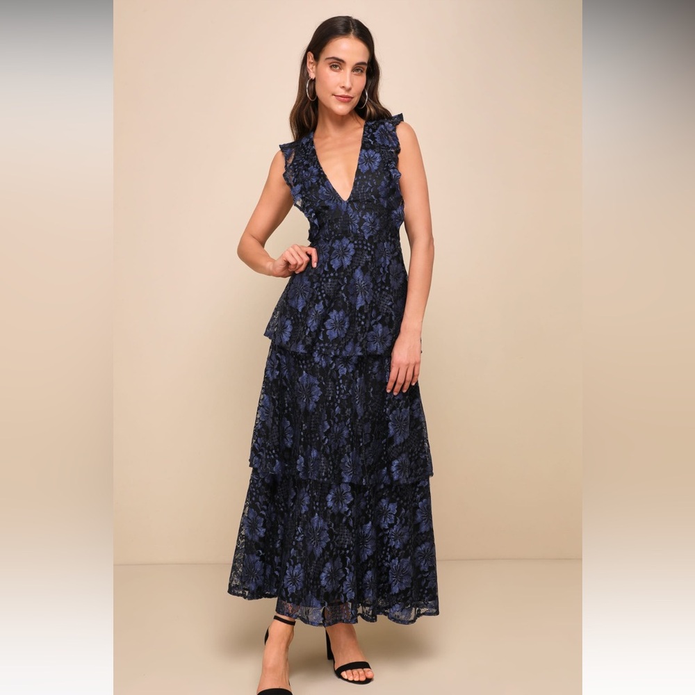 Molinetto Navy Blue Lace Ruffled Tiered Sleeveless Maxi Dress  XL